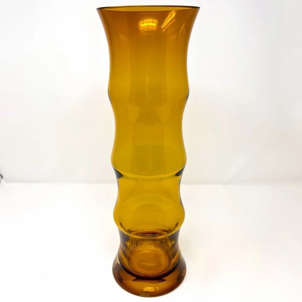 Large Vintage Amber Glass Bamboo Vase Poland 16” Mid Century Modern MCM